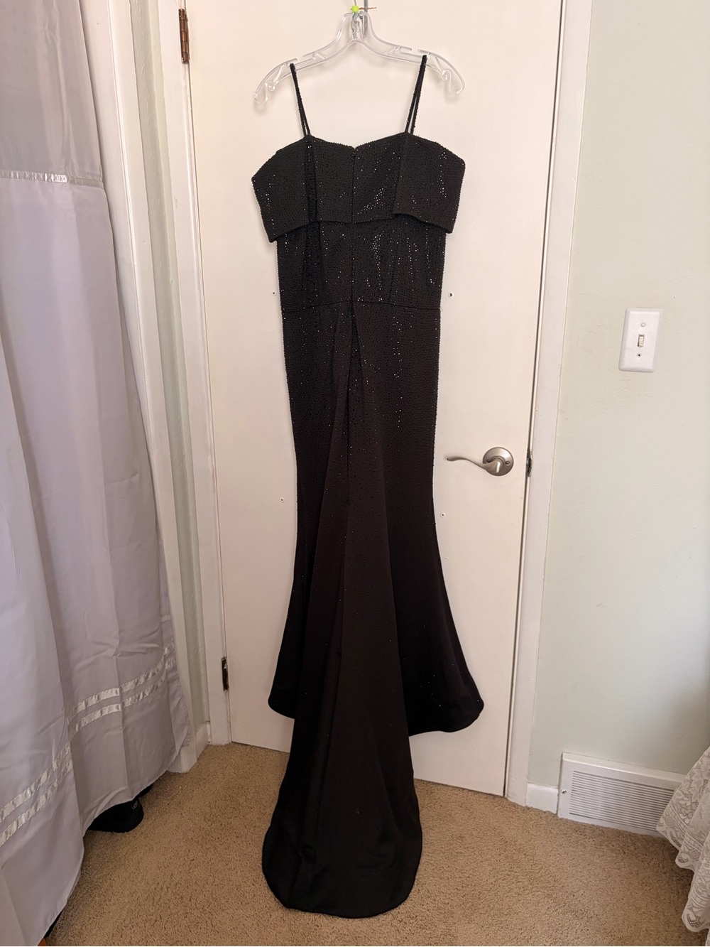 Montage by Mon Cheri Black Beaded Spaghetti Strap Mermaid Gown